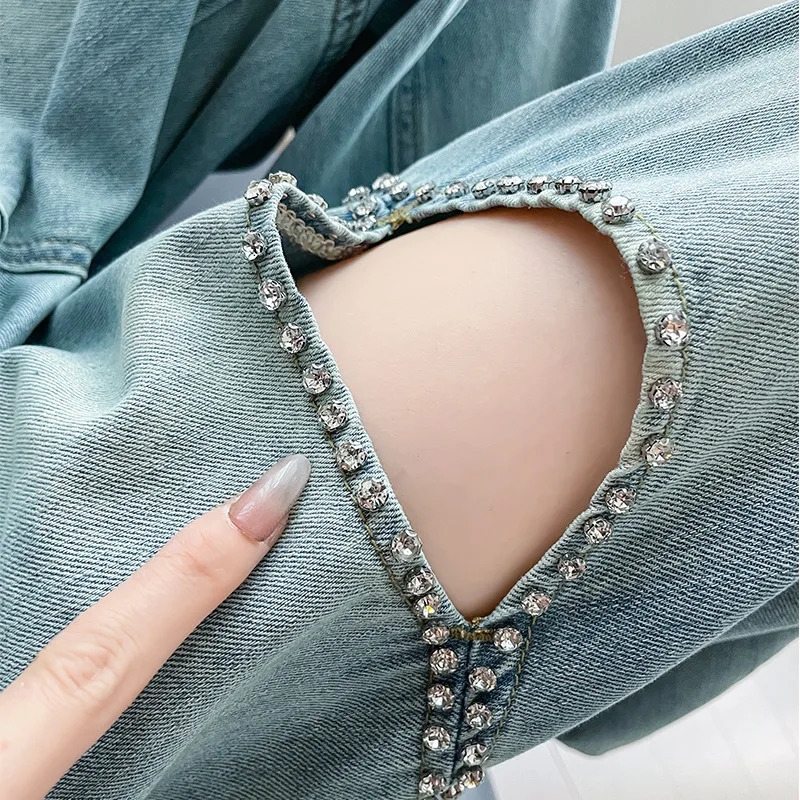 Diamond hollow wide leg jeans womens pants spring and summer high waisted loose thin drawstring straight 250407
