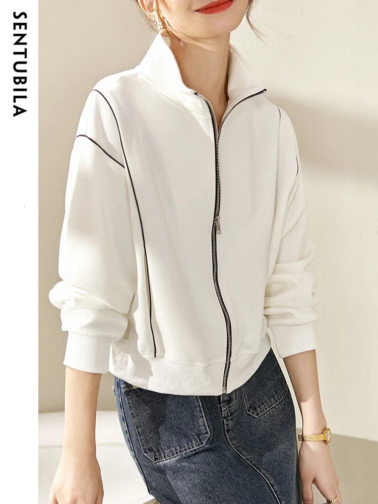 SENTUBILA Casual Cutting Jacket for Womens SpringSummer Fashion Loose Stand Collar Zipper White Coat 131W45929 250407