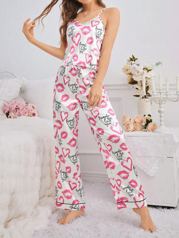 ious Summer Pajama Set Satin Sleepwear Set Soft Womens Pajamas Sexy Cami with Pants Lip Print Pajamas 250408
