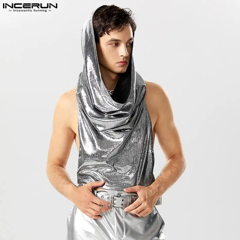 Mens Tank Top Sparkling V-neck Sleeveless Solid Irregular Vest Street Clothing Party Fashion Mens Crop Top S-5XL INCERUN 250402