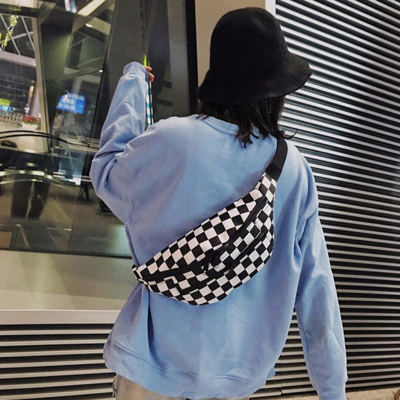 Black and white checkered waist bag womens fashion cross body bag double zipper canvas chest bag 250402