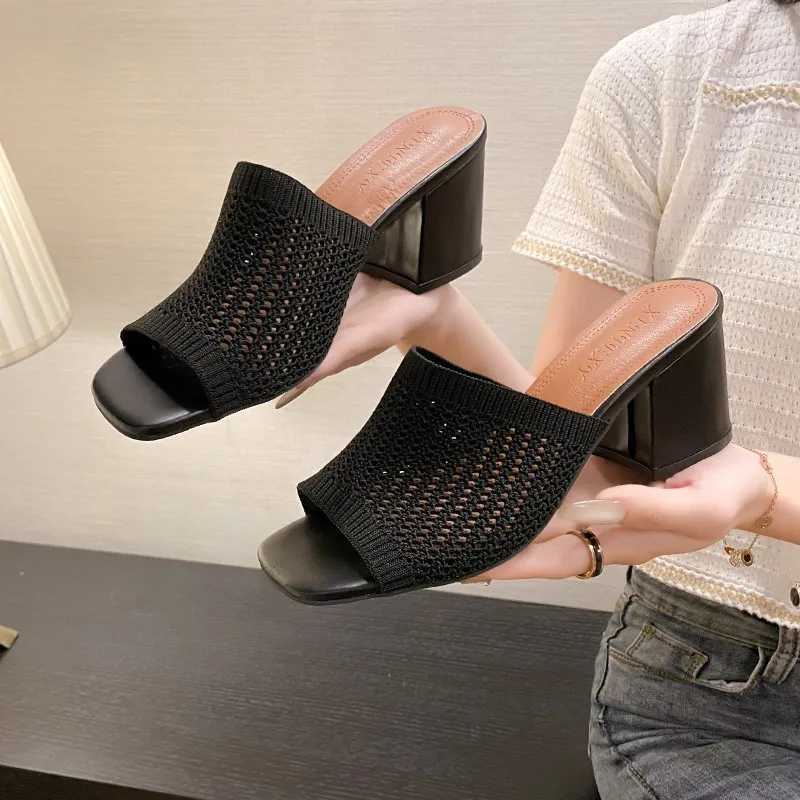 2024 New Hot Summer Womens Slippers Knitted Block Heel Sexy Square Foot Dress Party Shoes High Heels Casual Solid Color SandalsXJ250407
