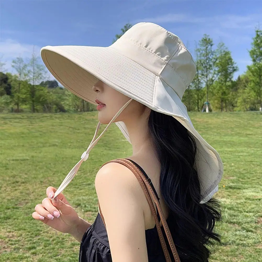 Wide Brim Sun Hat Womens UV resistant Hiking Fishermans Folding Summer Solid Beach Neck Protection Sunshade 250326