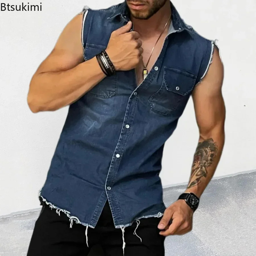 mens summer denim vest with lapel pockets sleeveless hiphop jeans jacket muscular top 250407