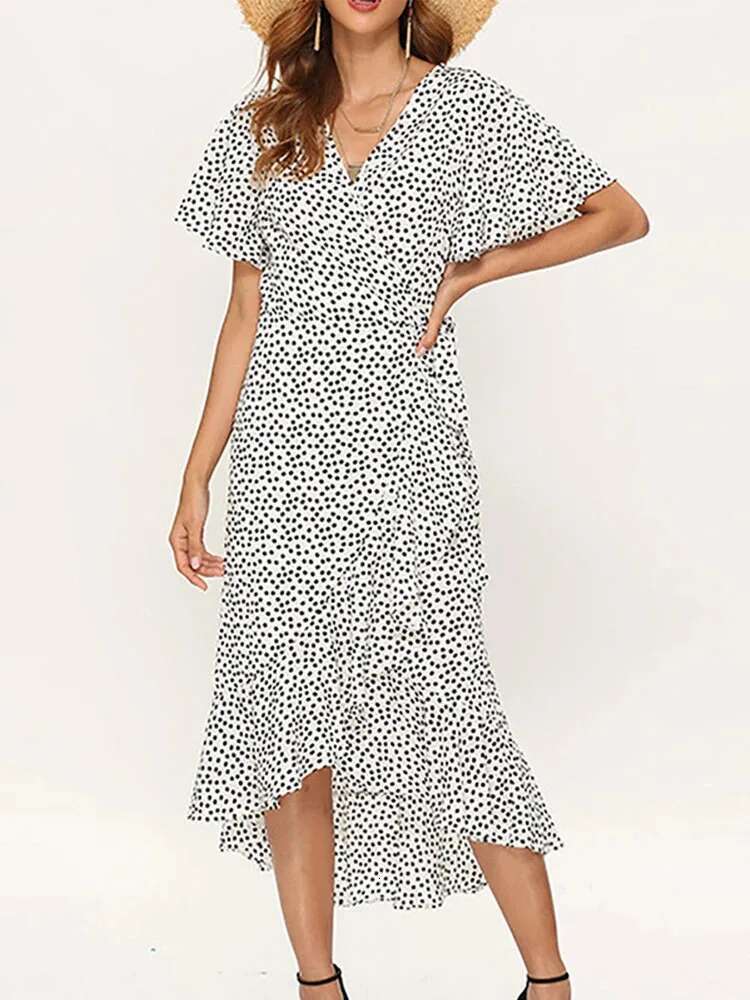 Summer Beach Maxi Women Ral Print Boho Long Chiffon Ruffles Wrap Casual V-Neck Split Sexy Party Dress Robe Femme