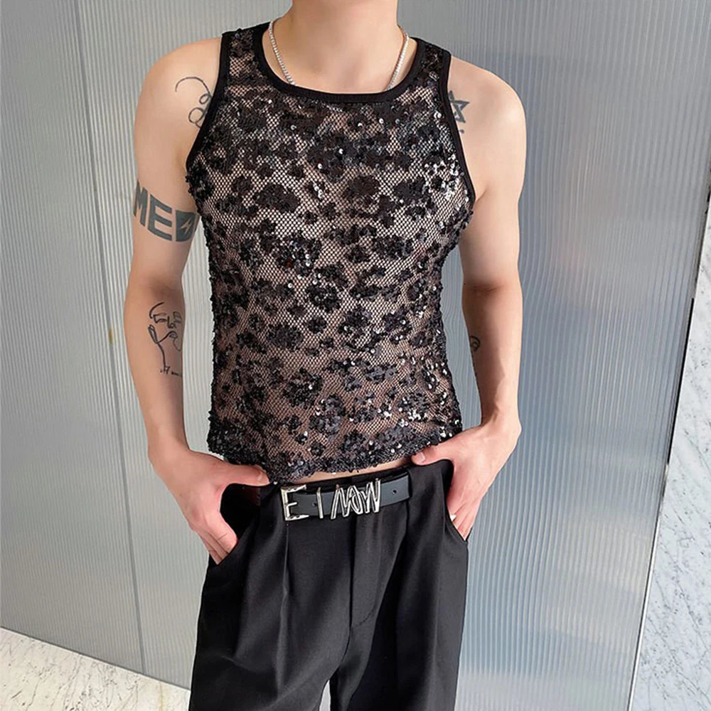 Mens tank top sequin performance casual vest spring street fashion youth campus stage vest old style mens clothing style 250402