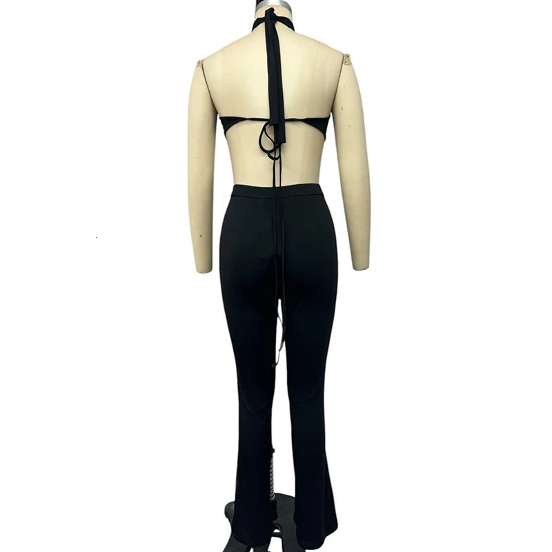 Wefads Jumpsuit Women Fashion Sexy Solid Sleeveless Halter Neck Backless Lace Up Nipped Waist Hollow Out Romper Streetwear 250407