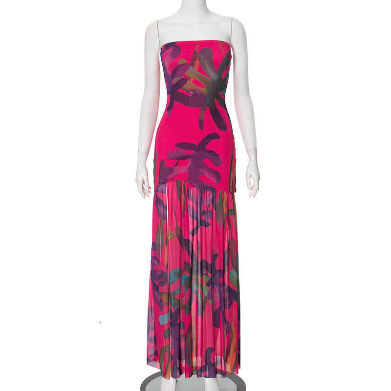 European and American style summer women's strapless leopard print slit mesh patchwork dress wholesale temperament versatile new trendy clothing