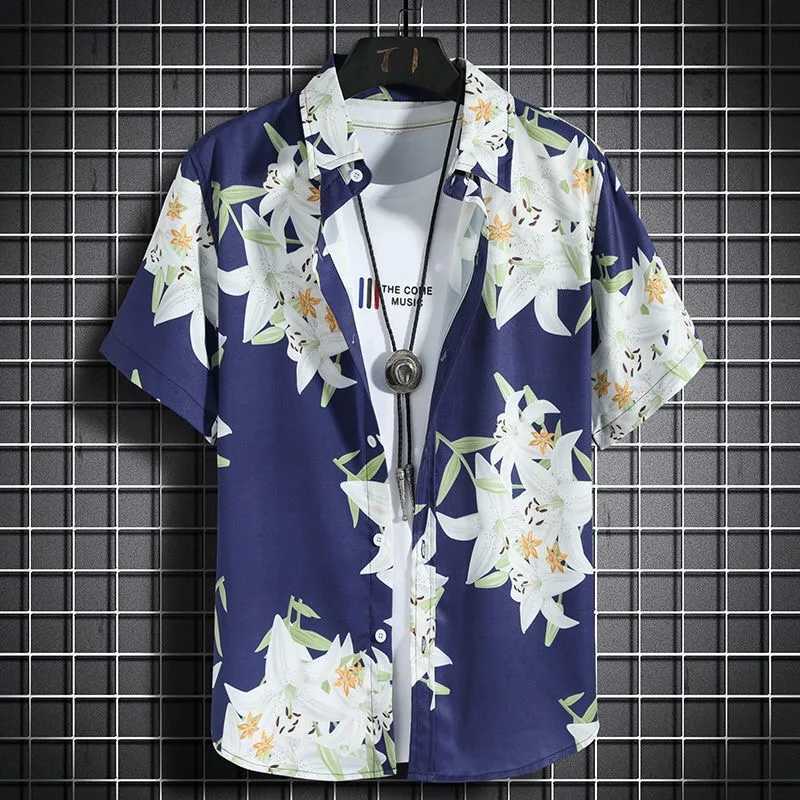 Hawaiian beach shirts mens short sleeved casual beach shirt beach vacation quick drying clothing loose lace topXJ250407