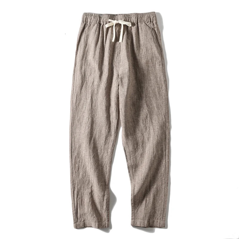 Cotton and Linen Comfortable Mens Fashion Trend Summer Pure Straight Stripe Thin Breathable Solid Color Loose Casual Pants 250408