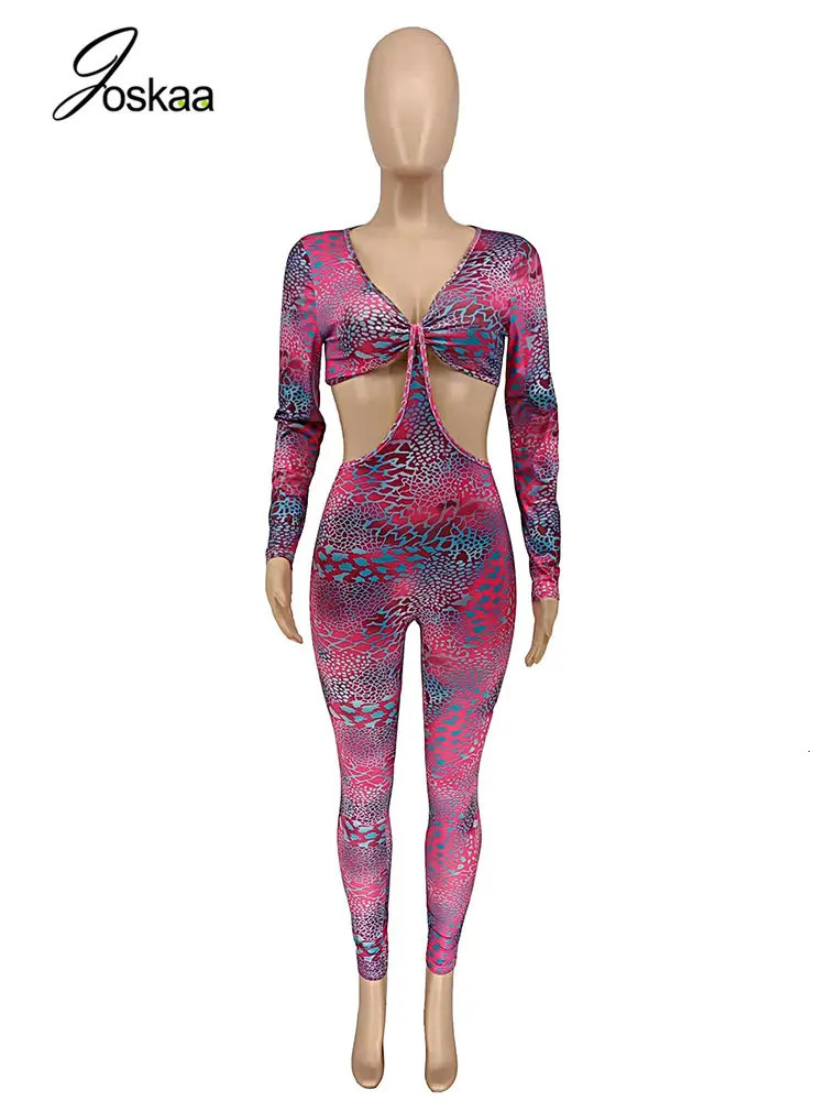 Joskaa Snakeskin Printed Hollow Out Rompers Womens Jumpsuit Sexy V-neck Long Sleeve Backless Jumpsuits Fashion Overalls Clubwear 250407