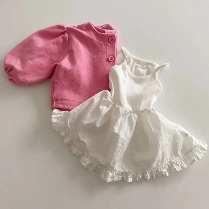 Korean Style Summer Cotton Dress Baby Girls Princess Ruffle Edge Dress White Sleeveless Camisole Kids Casual Suspender Skirts 250407