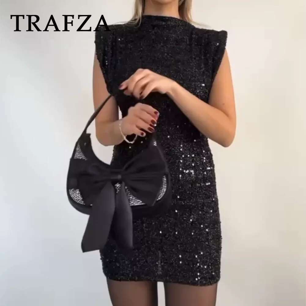 TRAFZA 2025 Sequined Shoulder Pad Sheath Mini Dress Sleeveless Nightclub Party Women Elegant Chic Dresses