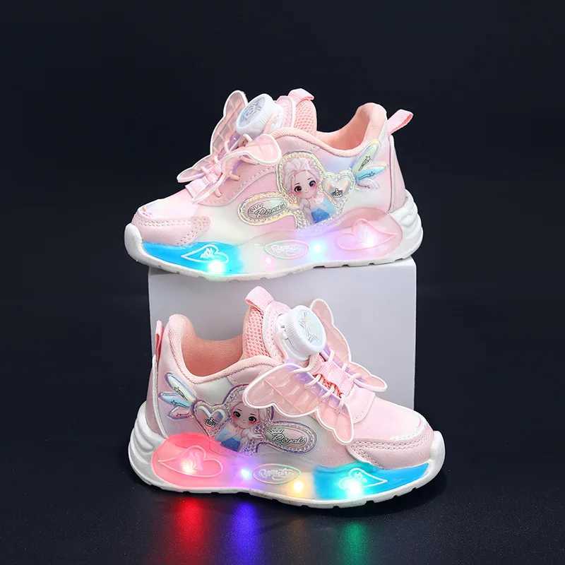 LED casual sports shoes Spring Girls Elsa Princess leather swivel buckle childrens shoes anti slip pink purple W250407