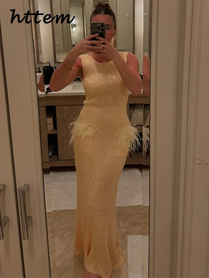 Fashion Knitted Long Hair Mermaid Dress for Womens Elegant Hollow Sleeveless Party Dress Summer Womens Splicing Beach Dress 250402