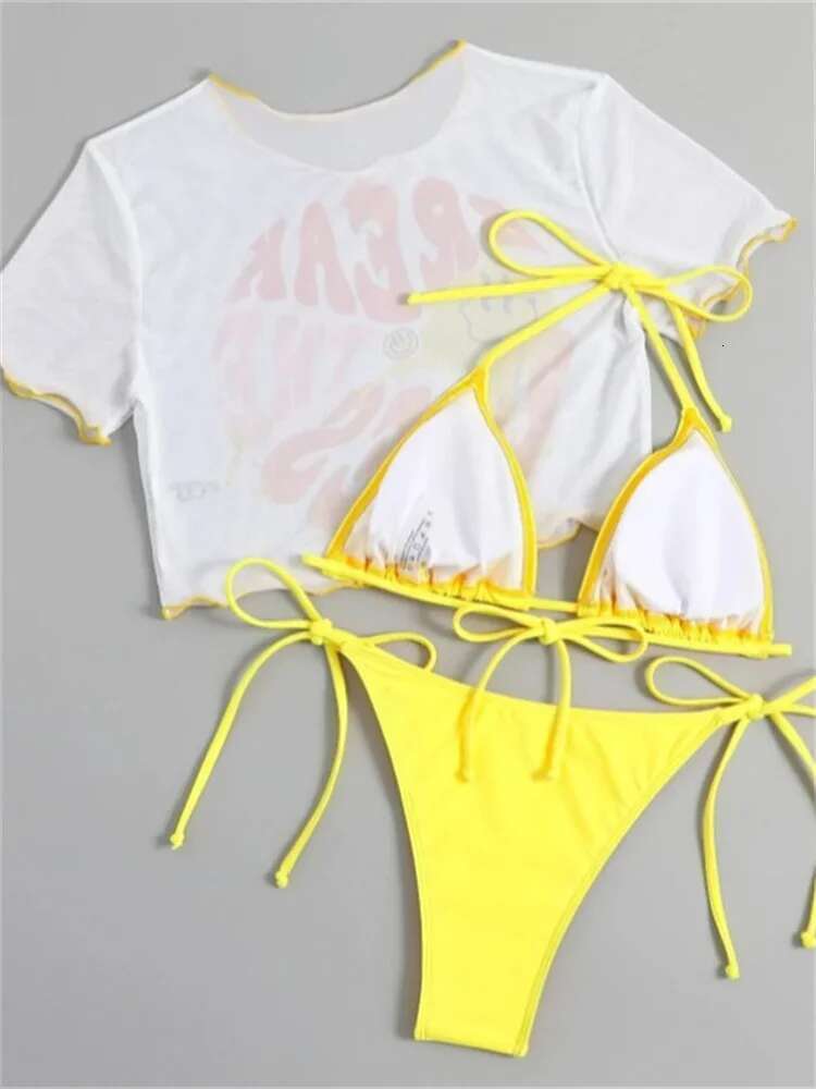 Dongdumaoyi Cute Cartoon Smile Face Print Pieces Bikini Set Short Sleeve Mesh Cover Up Swimsuit Women Bandage Bathing Suit Swimwear
