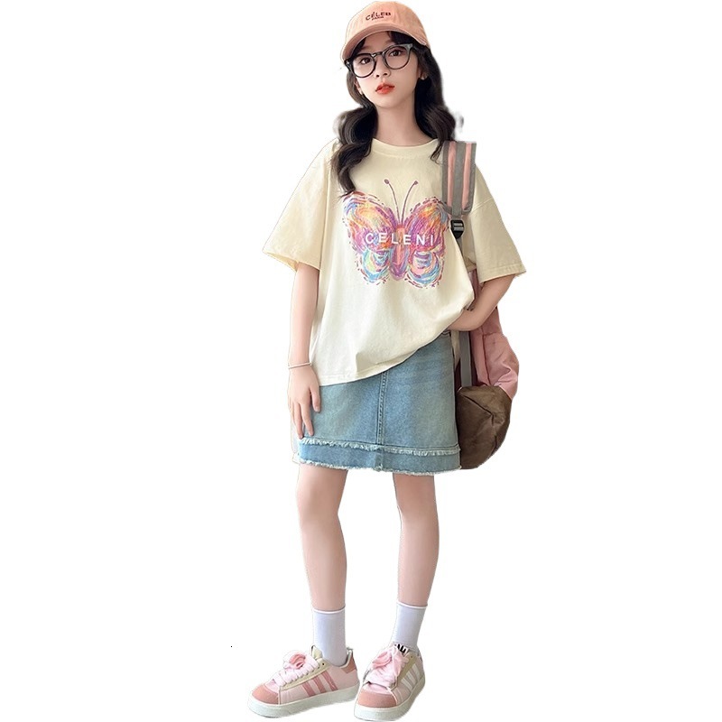 Ddmyshoesvip Girls Short Outfit Big Children S Cotton Summer T Shirt Little Girls Butterfly Print Half Sleeved Top Thin