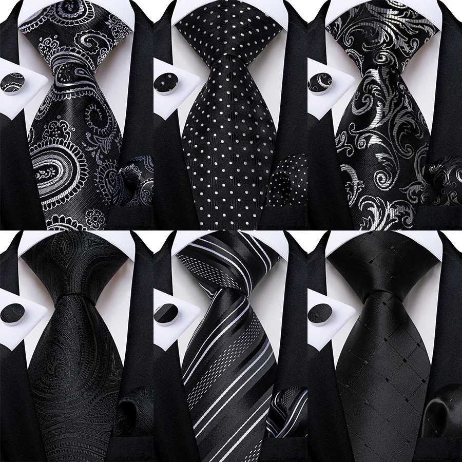 Mens Black Ties Handkerchief Cufflinks Business Formal Floral Striped Solid 8cm Necktie Gift for Husband Wedding Accessories X250407