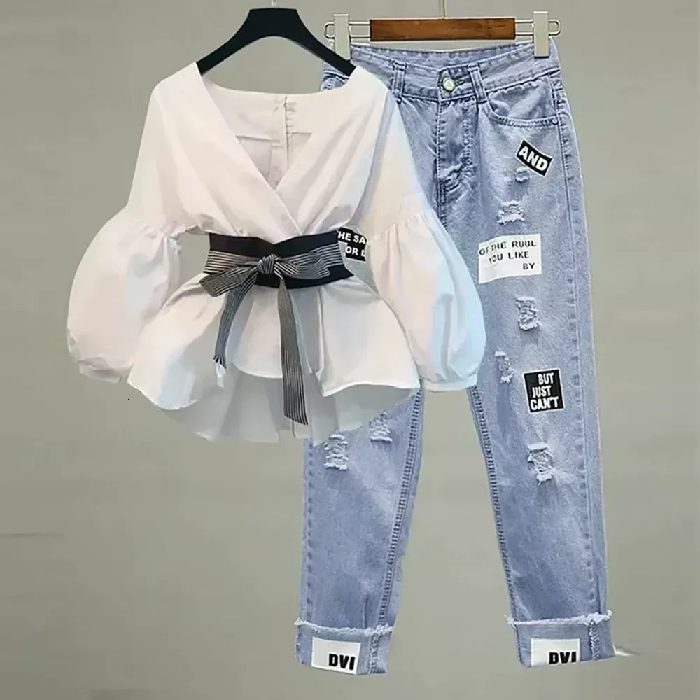 Women Elegant V-Neck Stripe Office Lady Suit Lantern Sleeve Bow Belt Trend Slim Casual Chiffon Shirt Top And Korean Ripped Jeans 250408