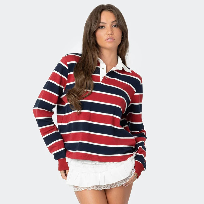 CUTENOVA Autumn Striped Polo Shirt Womens Fashionable Long Sleeve Sportwear Harajuku Pullover Casual Wear Base Shirt 250408
