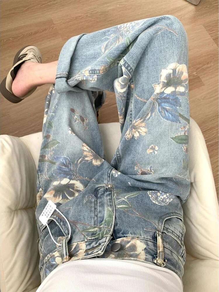 Print wers Design Wide Leg Jeans High Waist Korea Fahion Trousers Casual Baggy Straight Vaqueros Streetwear Women Denim Pants