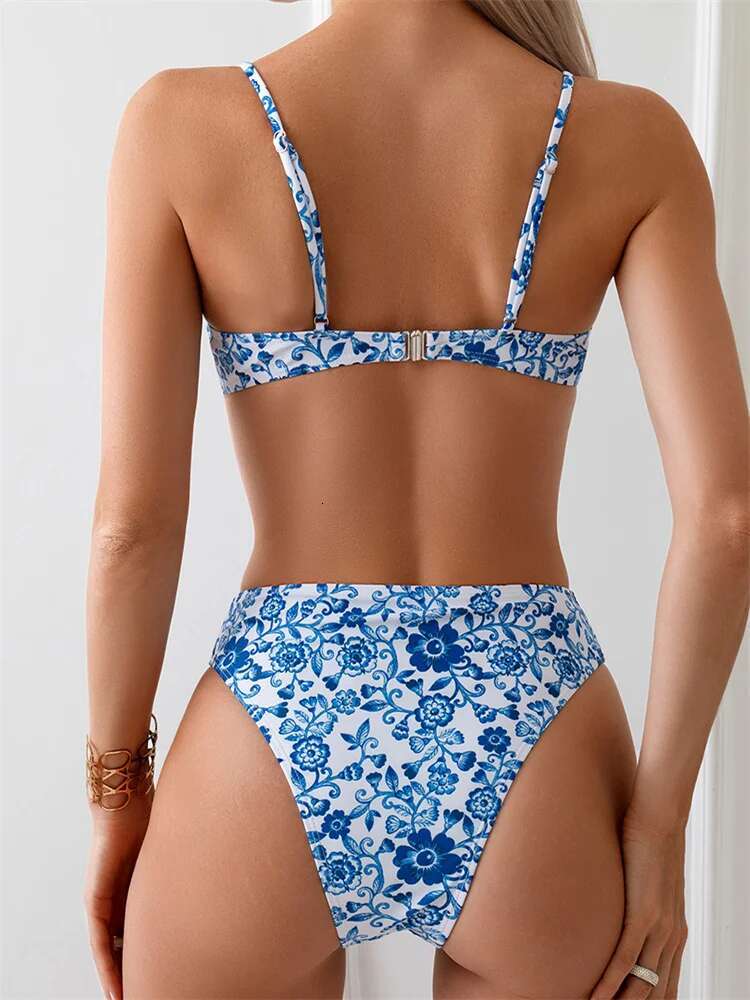 Dongdumaoyi Push Up Bikini Sexy Women Swimsuit Blue Floral Print Pleate Underwire Bikinis Sets Beach Bathing Suit High Waist Swimwear