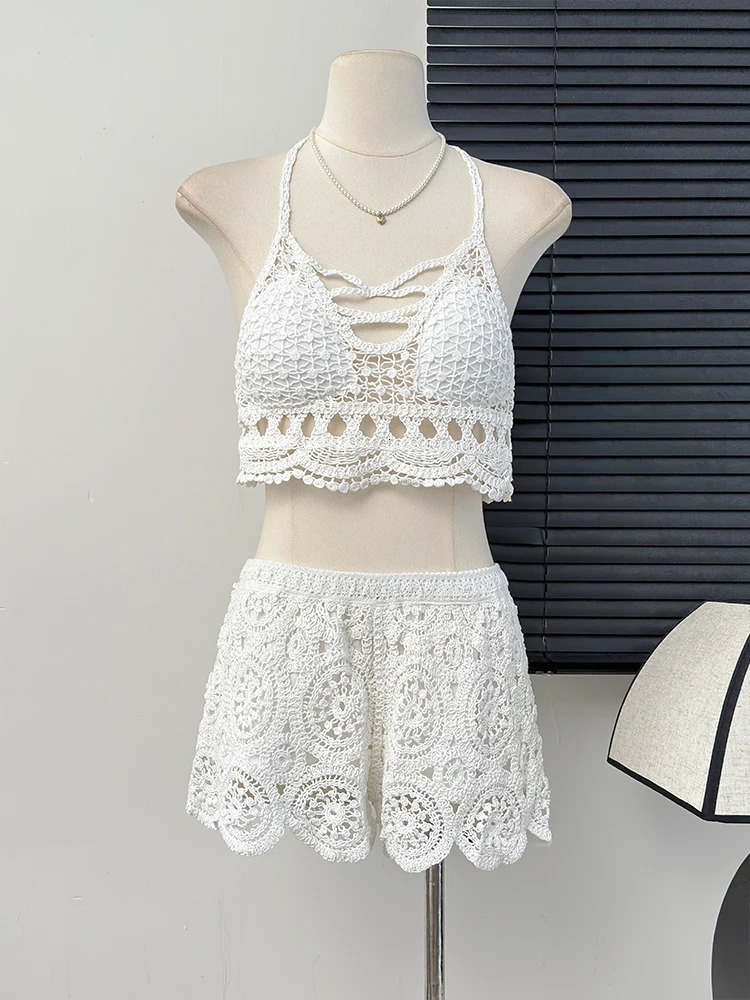 Summer Womens Hollow Crochet Knitted Tank TopSolid Color Crochet Shorts 2-piece Set Seaside Holiday 250401