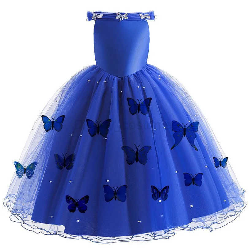 Disney Cinderell Ball Gown Dress for Girls Birthday Party Cosplay Off Shoulder Royal Blue Princess Dress Carnival Children Outfits X250408