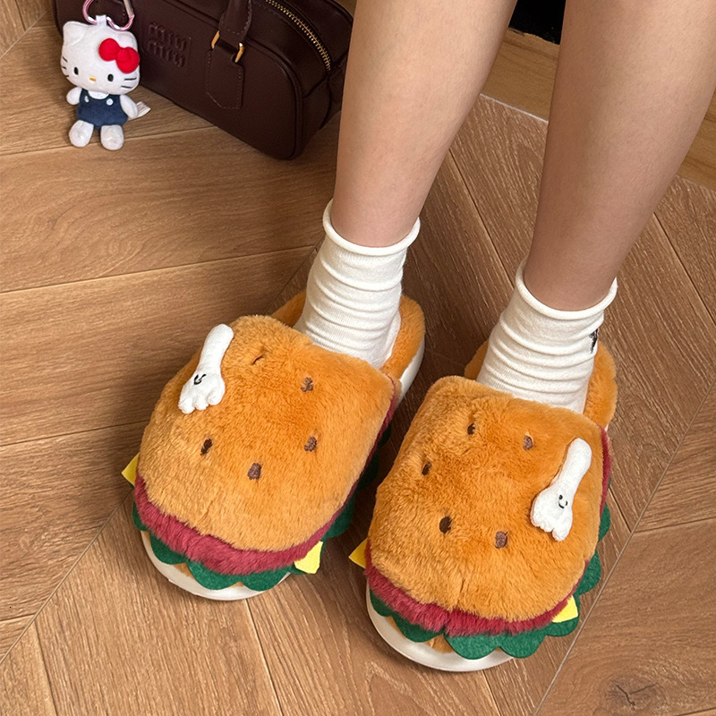 Hamburger cotton slippers for couples, autumn and winter new cartoon cute fur slippers, indoor home with plush warm cotton slippers