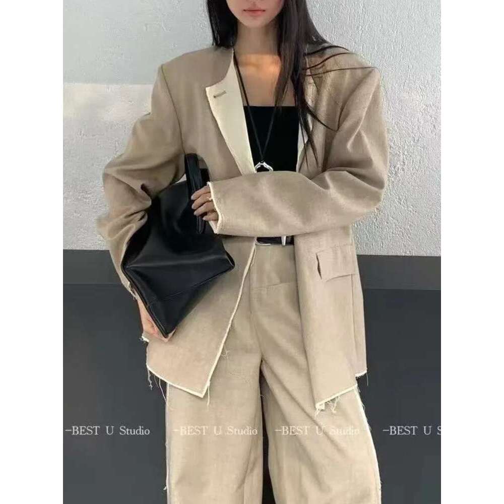 BJTZ 2025 Women's Solid Color Design Lapel Do Old Retro Suit High Quality Loose Straight Pants Two-Piece Set