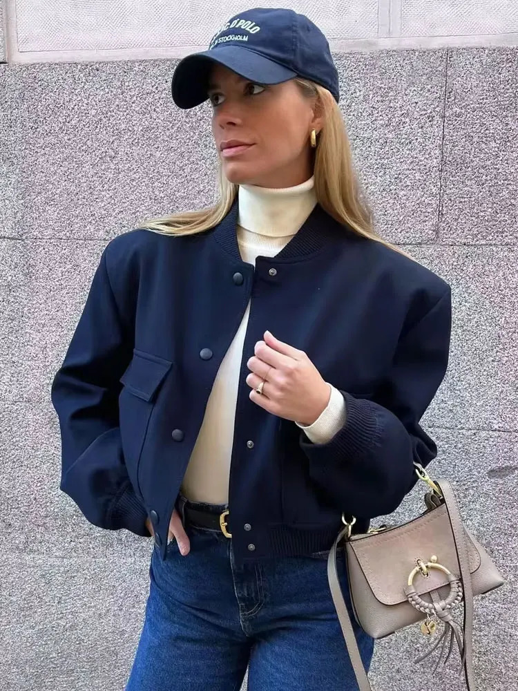 TRZA Womens Fashion Pocket Bomb Jacket Retro Long Sleeve Front Buckle Casual Unique Top 250407