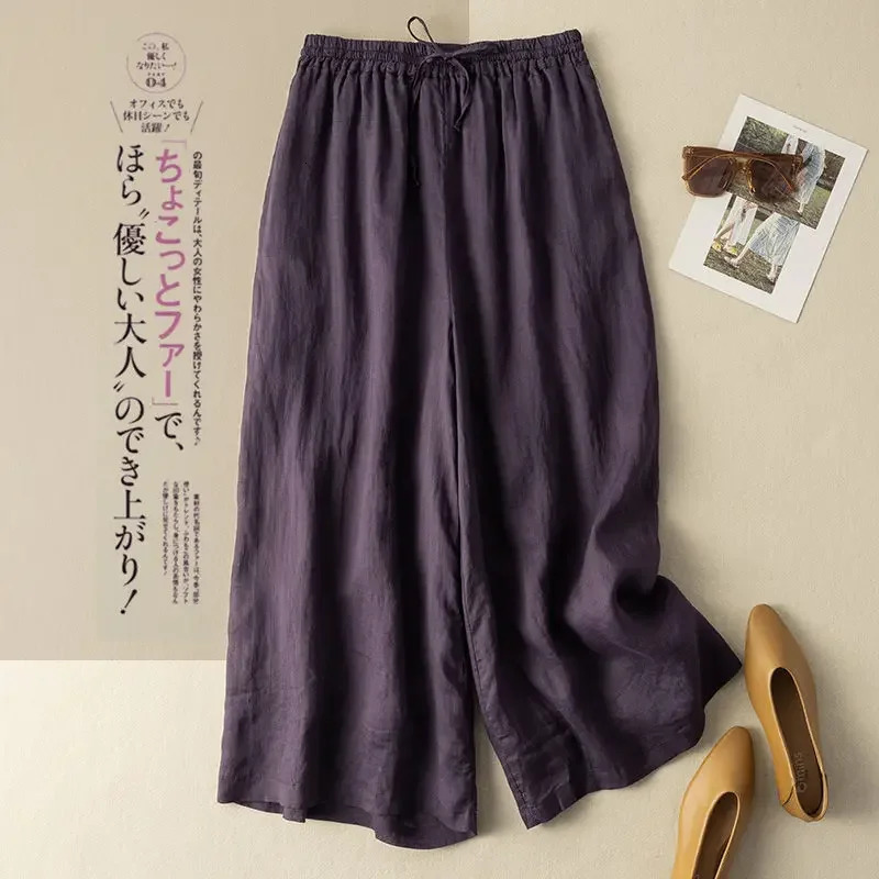 Fashion Cotton Linen Wide Leg Pants Loose Straight Ankle-Length Skirt Pants Casual High Waist Summer Womens Pants 250408