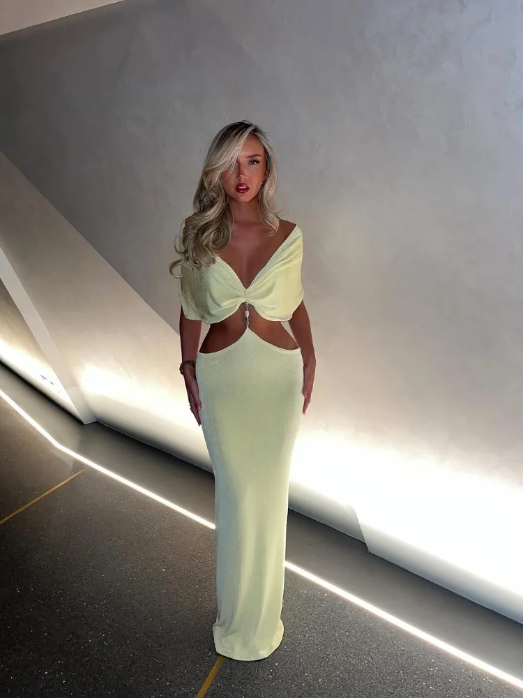 Elegant yellow single shoulder pleated bow ultra-thin robe for women chic sleeveless and backless long skirt for womens party club dress 250403
