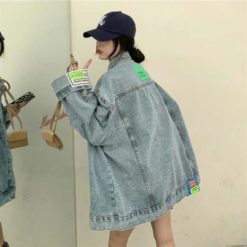 High Street Fashion oversized denim jacket for women Korean loose long sleeved button down item 250407