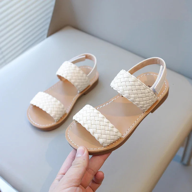 Kids Sandals for Girls Summer Girls Weave Sandals Children Beach Shoes Open Toes Flat Anti-skid Rubber Ankle Strap 250407