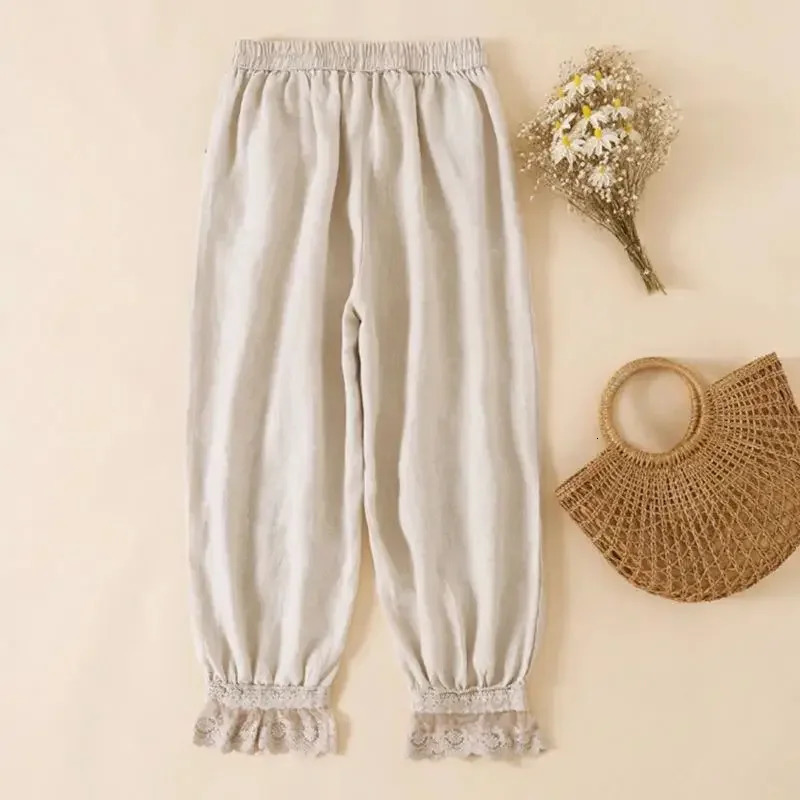 Bloomers Lace Linen Solid Casual Elastic High Waist Loose Wide Leg Womens Pants Ankle-Length Pants For Women Clothing 2025 250408