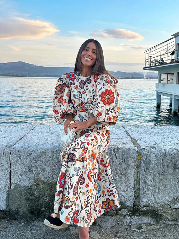 Women Floral Print Boho Maxi Dress Ethnic Style O Neck Half Puff Sleeve Oversize Vestidos 2025 Casual Beach Holiday Long Robe 250407