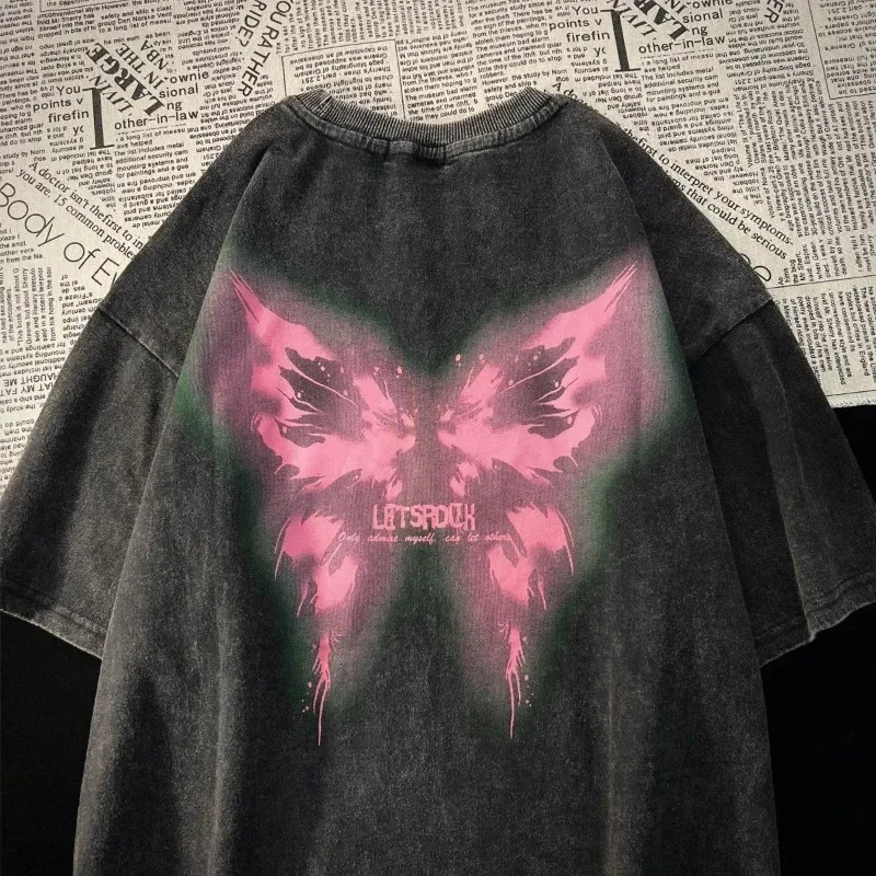 American Retro Washed Denim Butterfly Printed Short-sleeved T-shirt for Men and Women Versatile Couple Plus Size Womens Top 250408