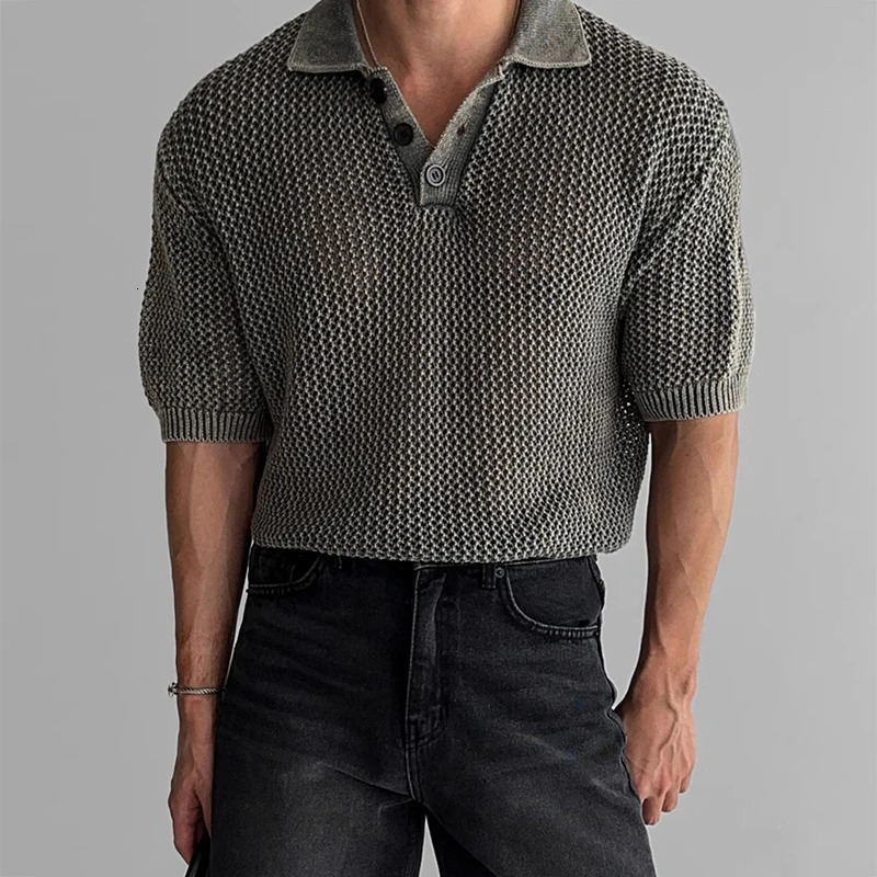 Sexy See Through Hollow Out Polo Shirts Mens Short Sleeve Button Lapel Casual Mesh Polo Shirt Fashionable Men Knitted Mesh Tops 250407