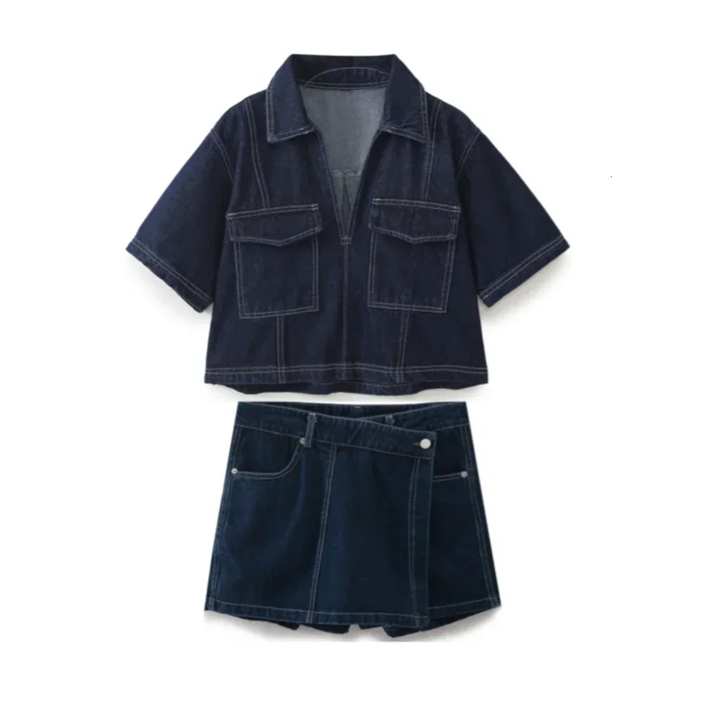 Spring Womens Fashion Temperament Casual Versatile V-neck Short Denim Shirt Double Breasted Denim Skirt Set 250408