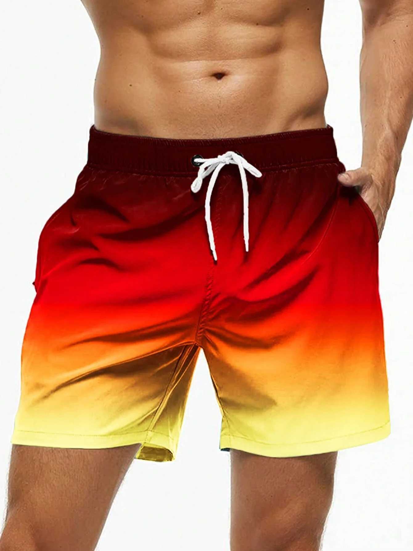 Mens beach shorts gradient color block brushed summer mens swim trunks elastic waist 3D printed breathable short streetwearXJ250407