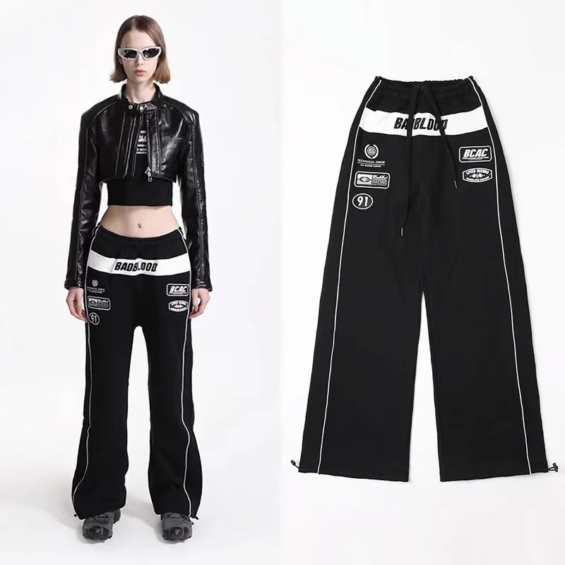 Badblood Womens Loose Tight Solid Color Straight Leg High Waist Wide Sports Pants Letter 250407