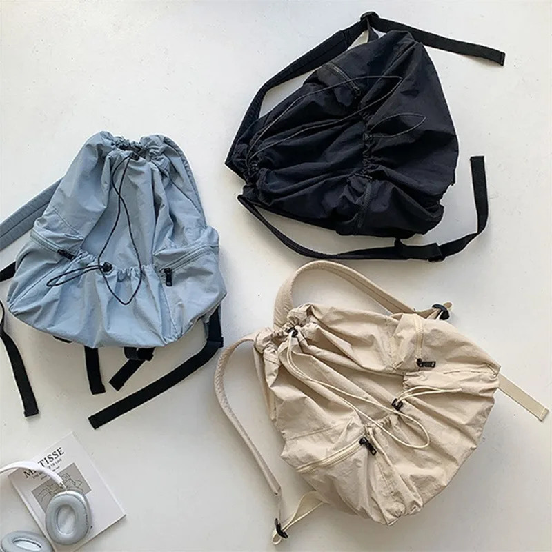 Ruched Drawsting Backpacks For Women Casual Nylon Lady Backpacks Light Weight Students Bag Large Capacity Travel Sac 250408