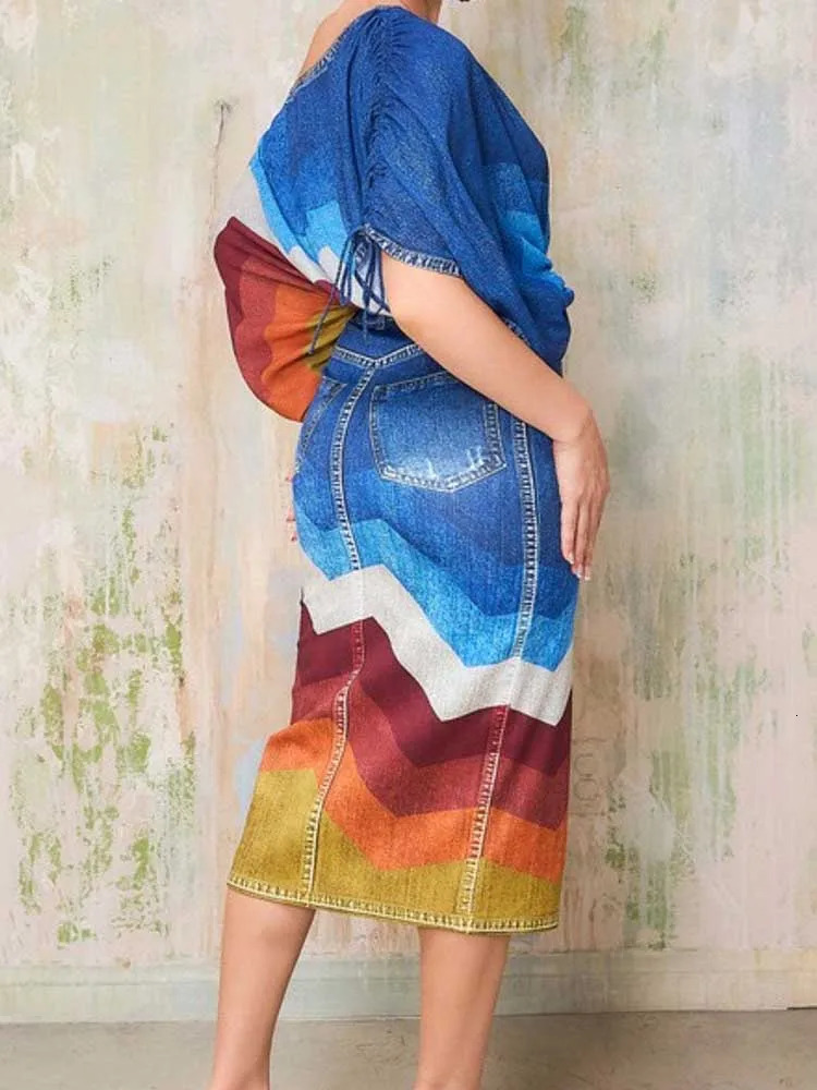 2 Piece Outfit Set Women Streetwear Summer Outfits with Skirts Denim Print Elegant Chic Open Split Skirt Long Sexy Female 250403