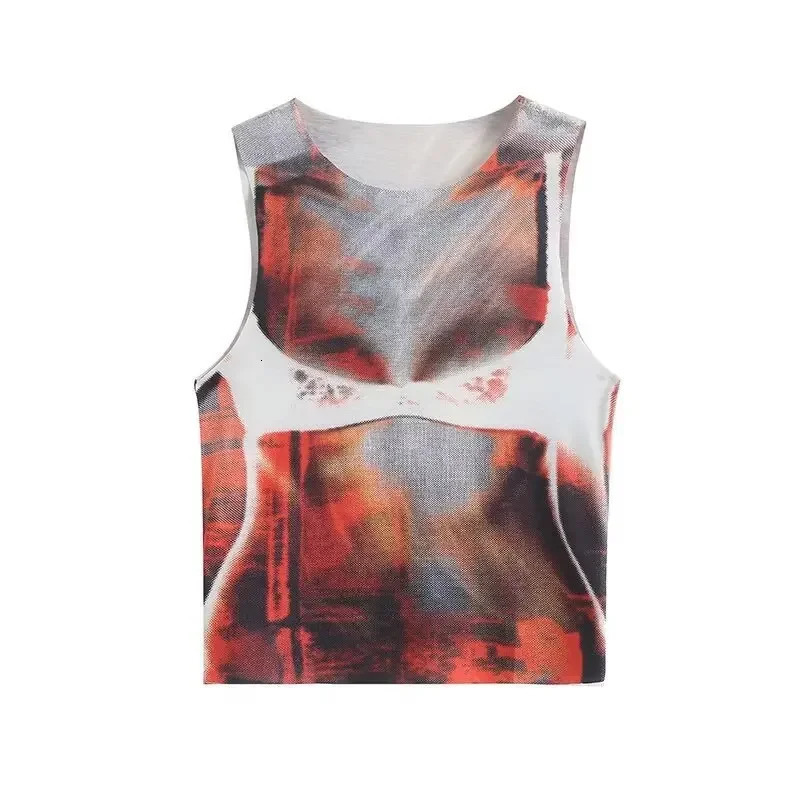 Sexy Pixelated Print Color Block Slim Fit Elastic Womens Vest Top Polyester Blend Fabric Comfortable Breathable Summer Wear 250407