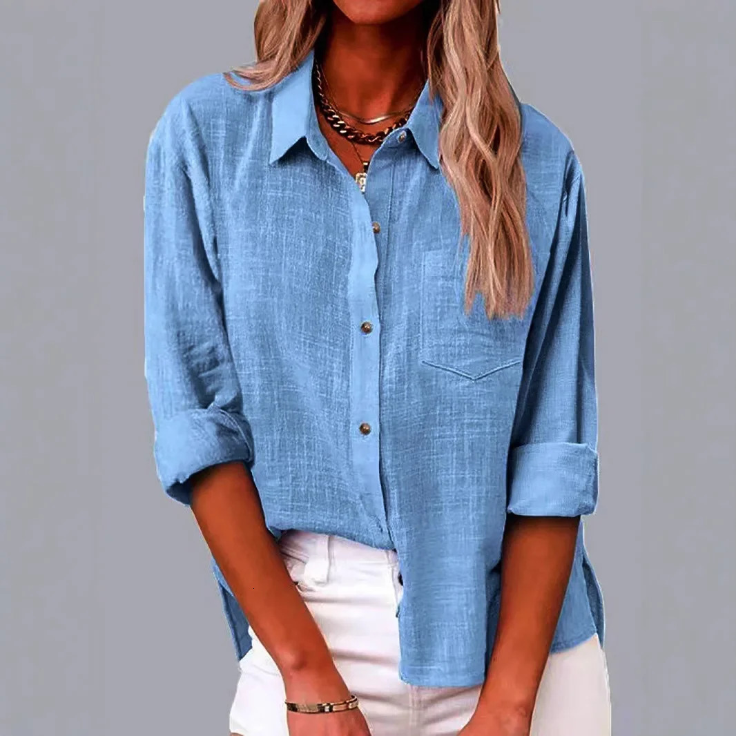 Spring Autumn Cotton Linen Shirt Womens Long Sleeve Pocket Side Slit Clothing 250408