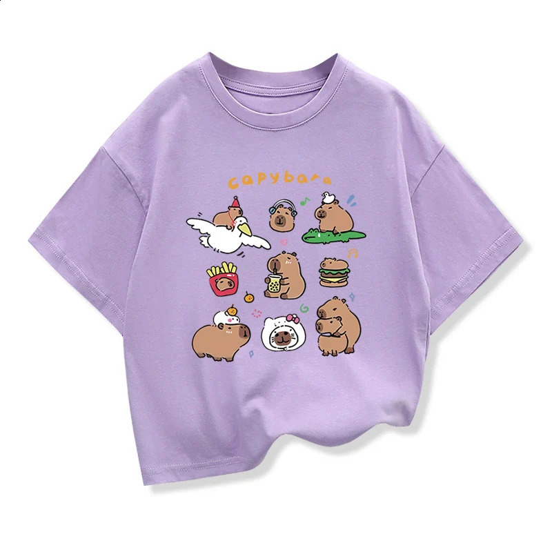 Kids Summer Clothes With Cute Capibara Printd Child Short Sleeved Tee Shirt Funny Clothes 2025 Kids Cotton Loose T-shirt 250408
