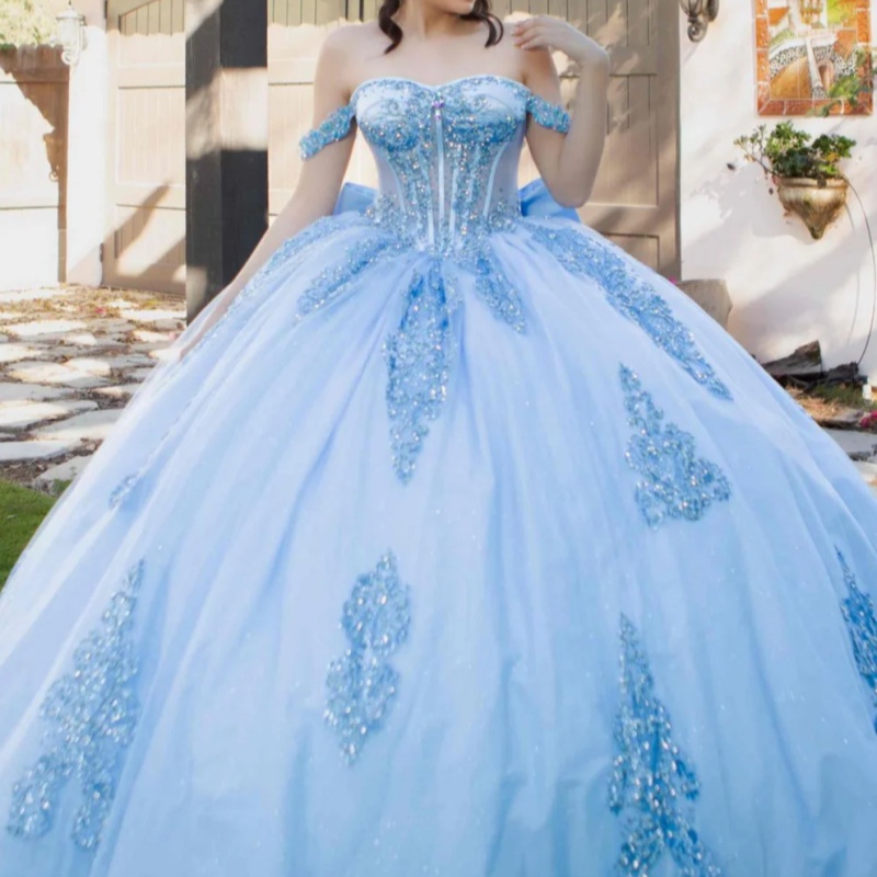 Sky Blue Quinceanera Dresses Off Shoulder Ball Gown Sweet 16 Dress Applique Lace Beads Bow Tull Birthday Party Vestidos 15 De Anos