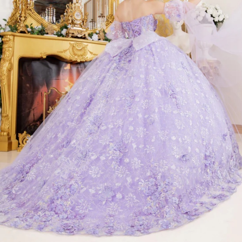 Lavender Quinceanera Dresses Off Shoulder Ball Gown Sweet 16 Dress Sequin Applique Flower Beads Bow Tull Birthday Party Vestidos 15 De Anos