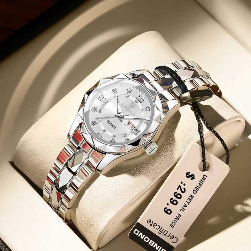 BINBOND 2025 Womens Waterproof Stainless Steel Quartz Watch 2024 Top Luxury Night Glow Date Week Womens WatchT250408